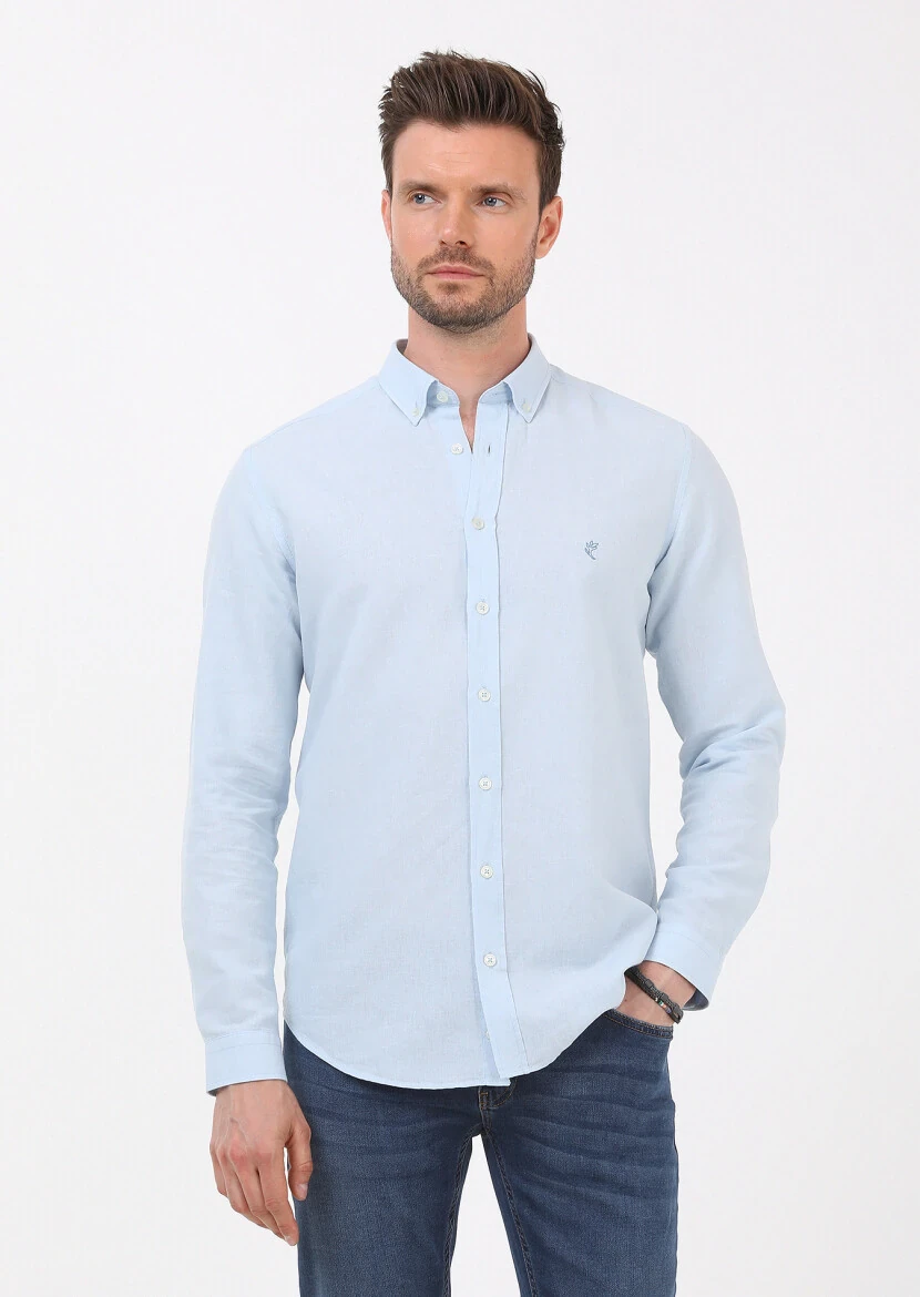 Mavi Düz Regular Fit Dokuma Casual Pamuk Karışımlı Gömlek - 1