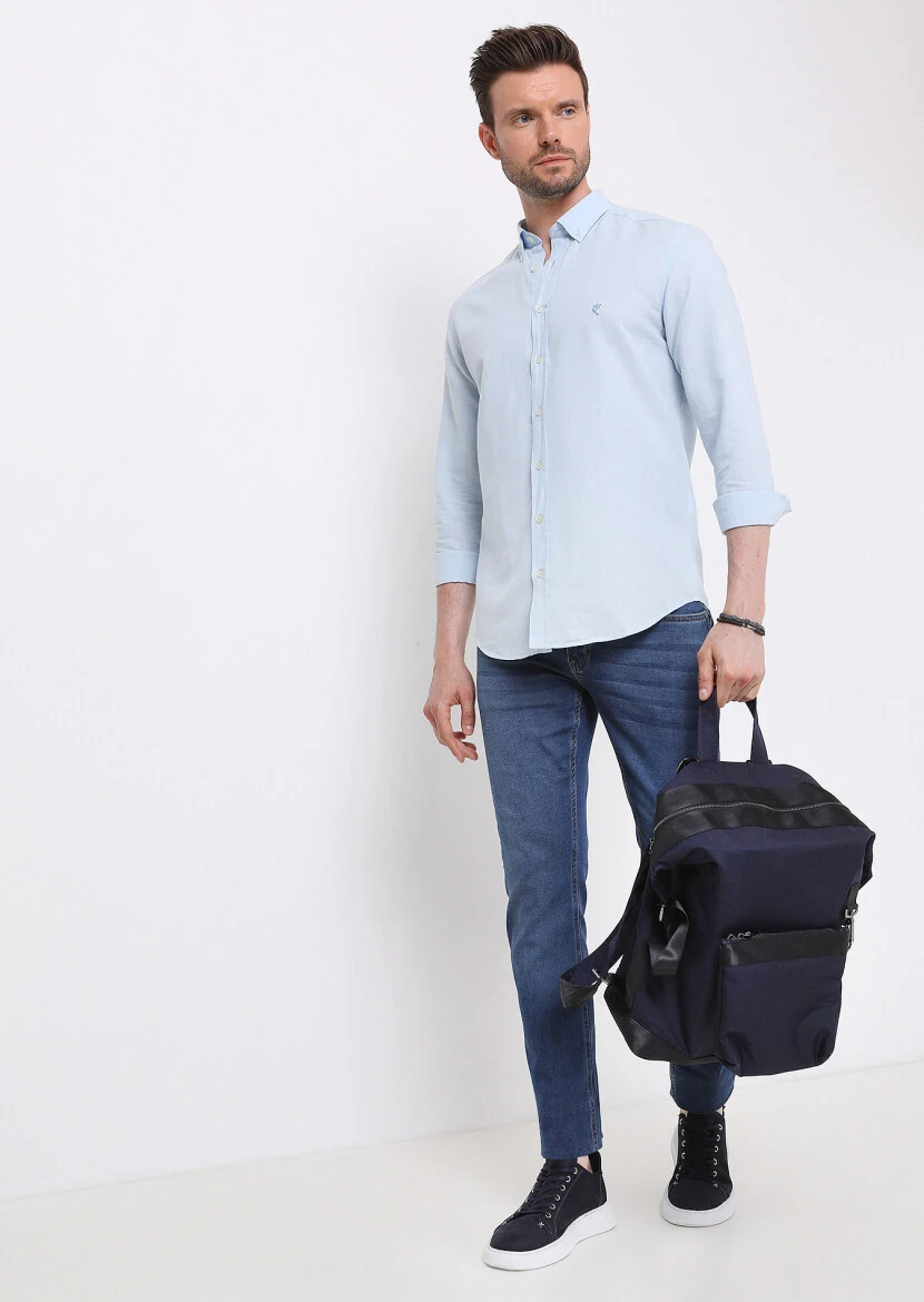 Mavi Düz Regular Fit Dokuma Casual Pamuk Karışımlı Gömlek 