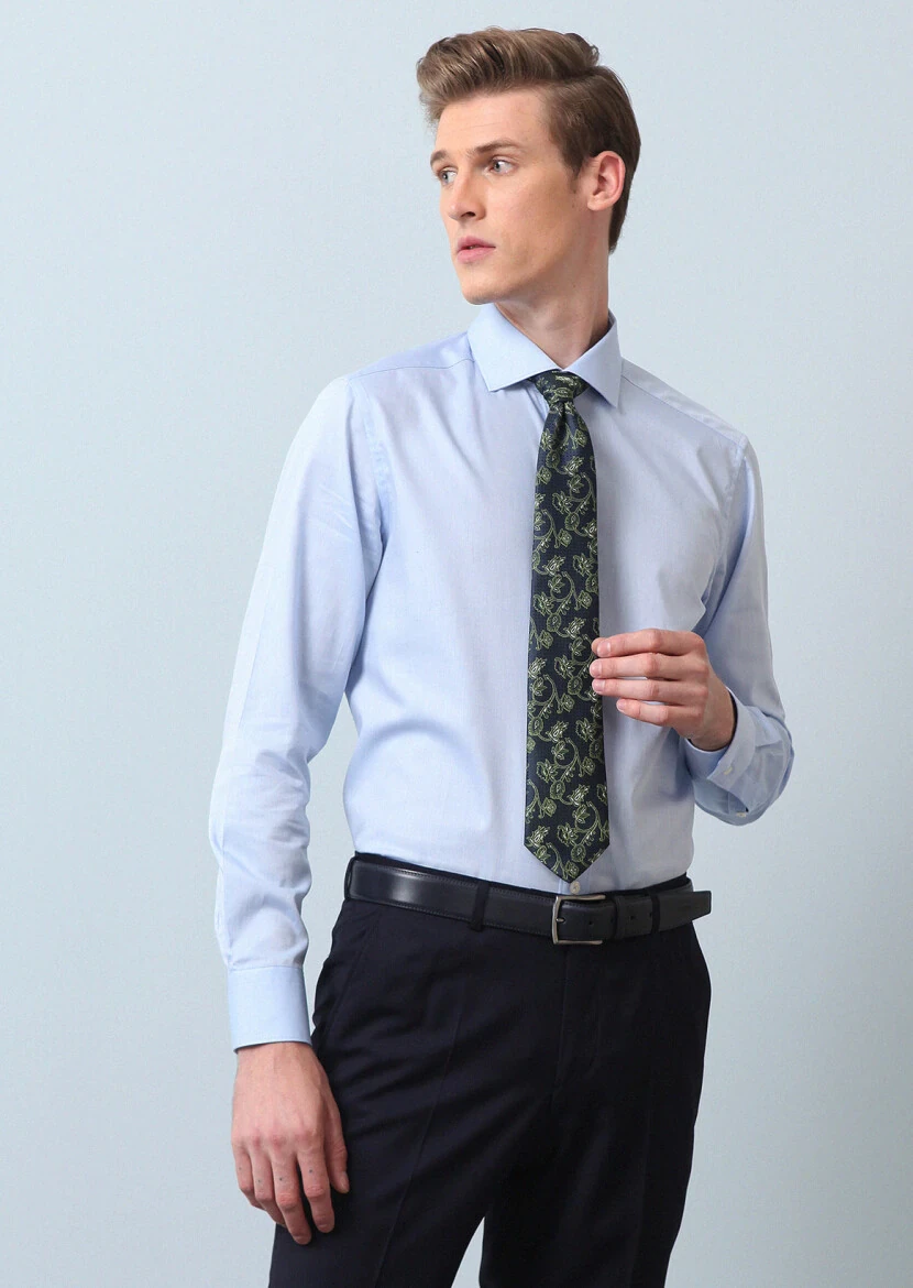 Mavi Düz Regular Fit Dokuma Klasik %100 Pamuk Gömlek - 1