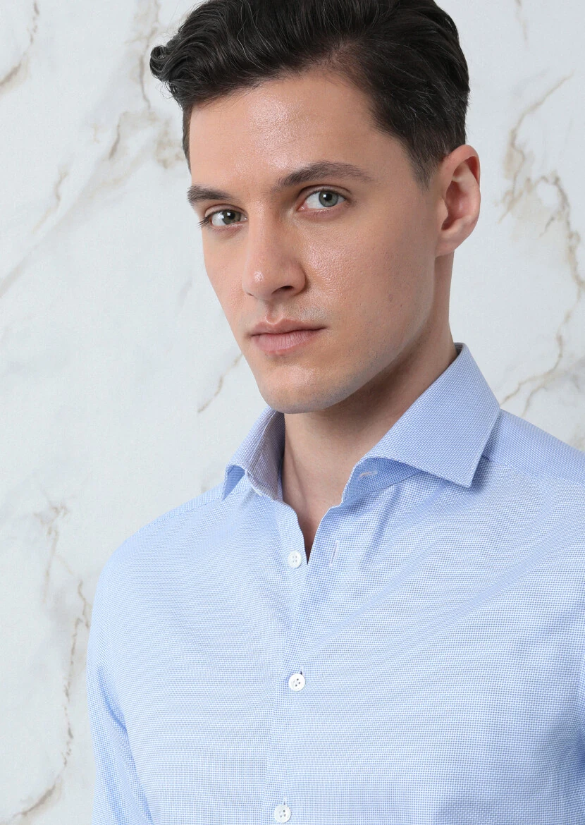 Mavi Düz Regular Fit Dokuma Klasik %100 Pamuk Gömlek - 3