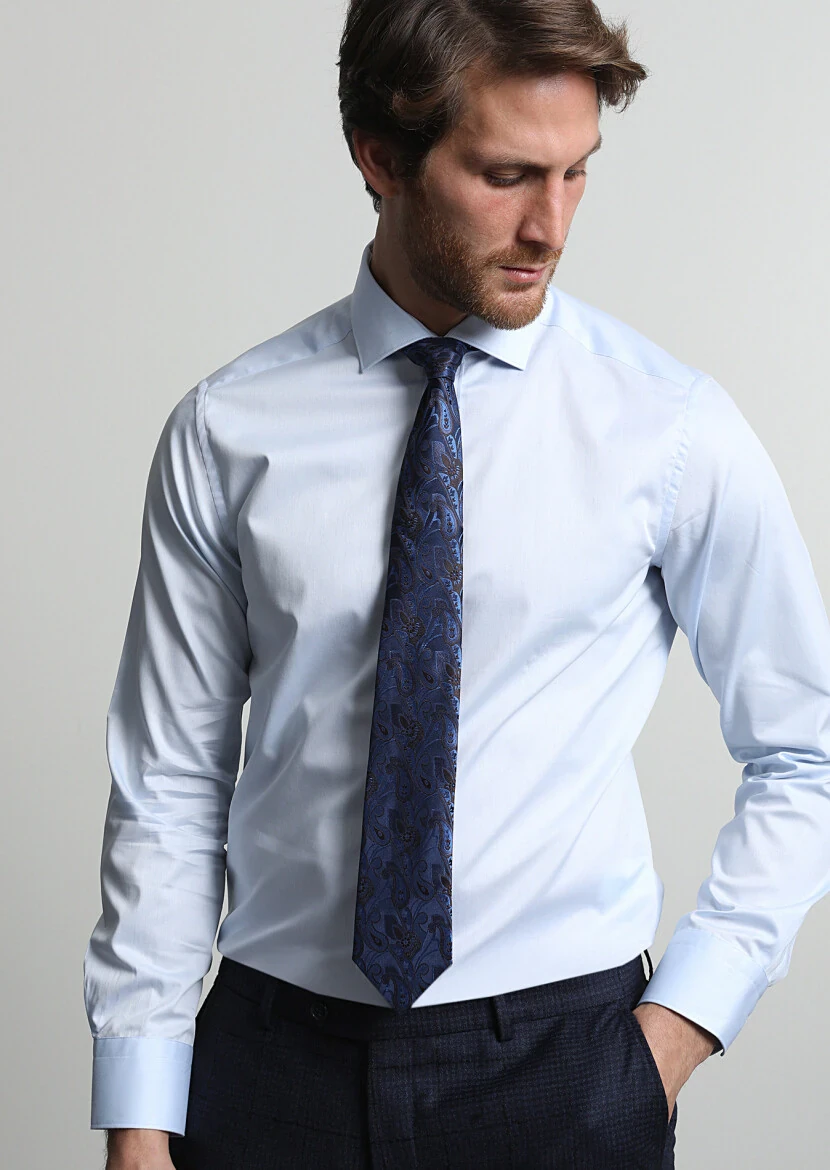 Mavi Düz Regular Fit Dokuma Klasik %100 Pamuk Gömlek - 1