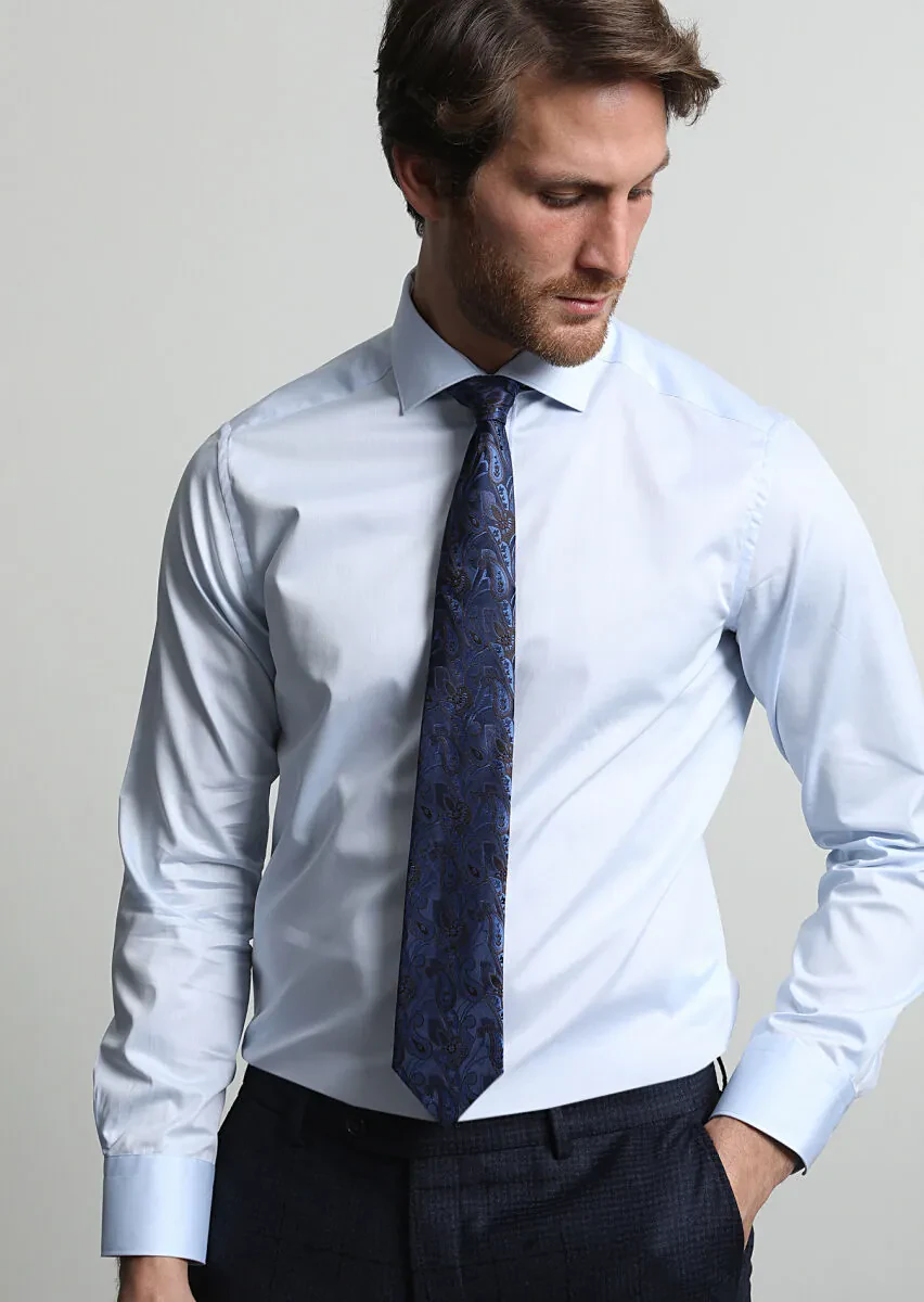 Mavi Düz Regular Fit Dokuma Klasik %100 Pamuk Gömlek - 1