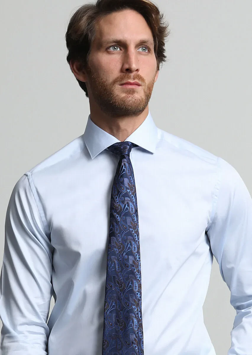 Mavi Düz Regular Fit Dokuma Klasik %100 Pamuk Gömlek - 2