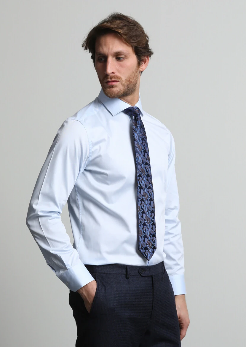 Mavi Düz Regular Fit Dokuma Klasik %100 Pamuk Gömlek - 3