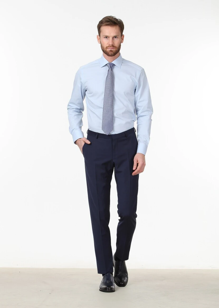 Mavi Düz Regular Fit Dokuma Klasik Pamuk Karışımlı Gömlek 