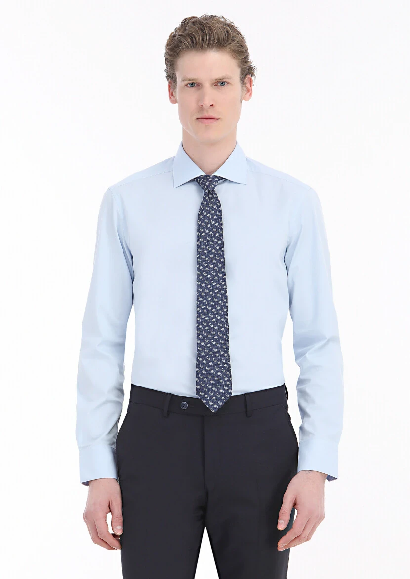 Mavi Düz Regular Fit Dokuma Klasik Pamuk Karışımlı Gömlek - RAMSEY