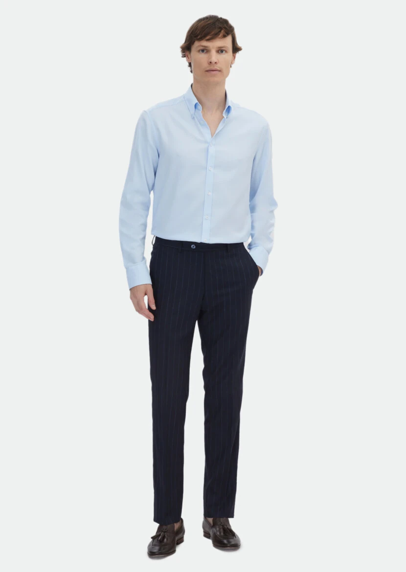 Mavi Düz Regular Fit Dokuma Klasik Pamuk Karışımlı Gömlek 