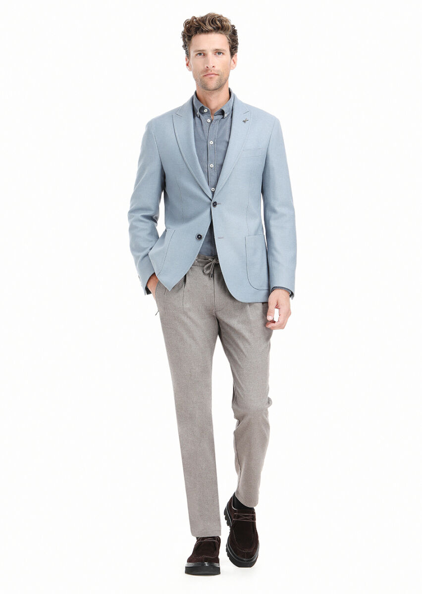 Mavi Düz Shirt Shoulder Slim Fit Yün Karışımlı Ceket - 1