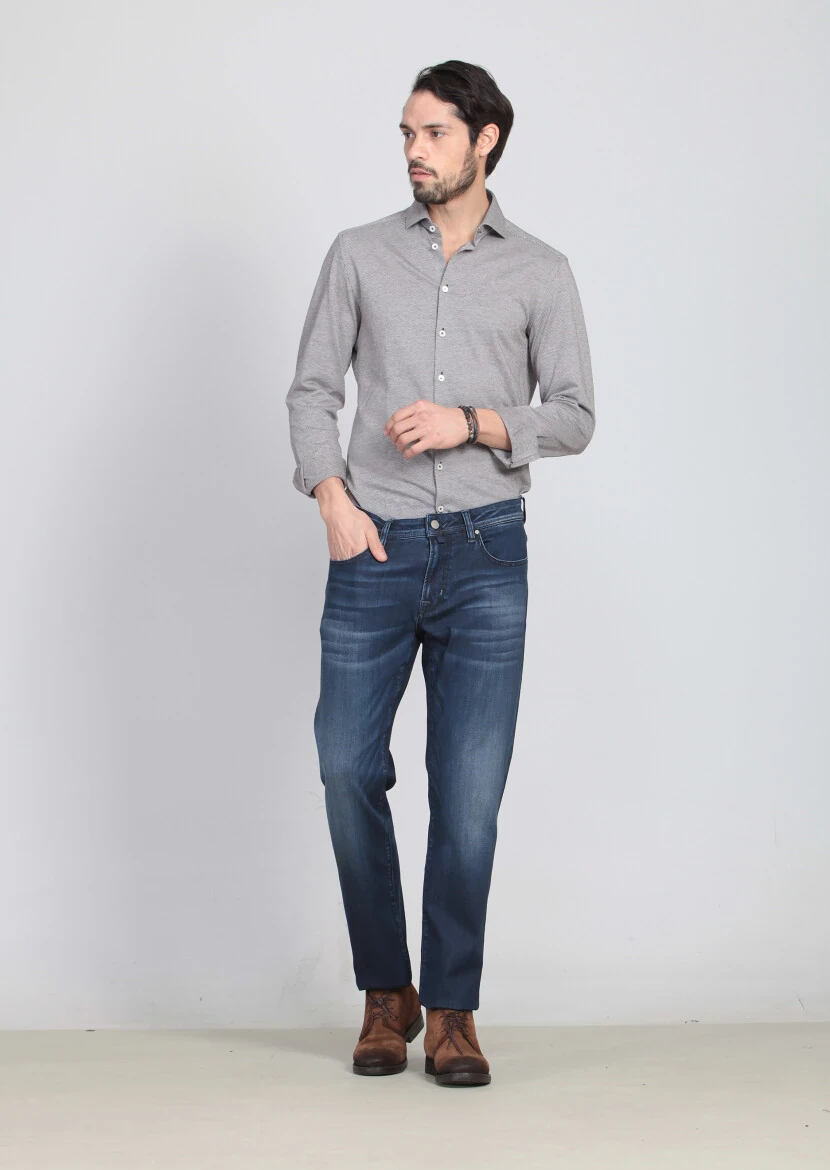 Mavi Düz Slim Fit Denim Pamuk Karışımlı Pantolon - 1