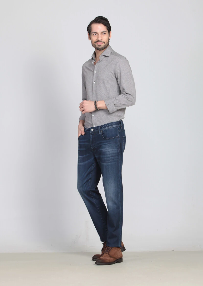 Mavi Düz Slim Fit Denim Pamuk Karışımlı Pantolon - 2