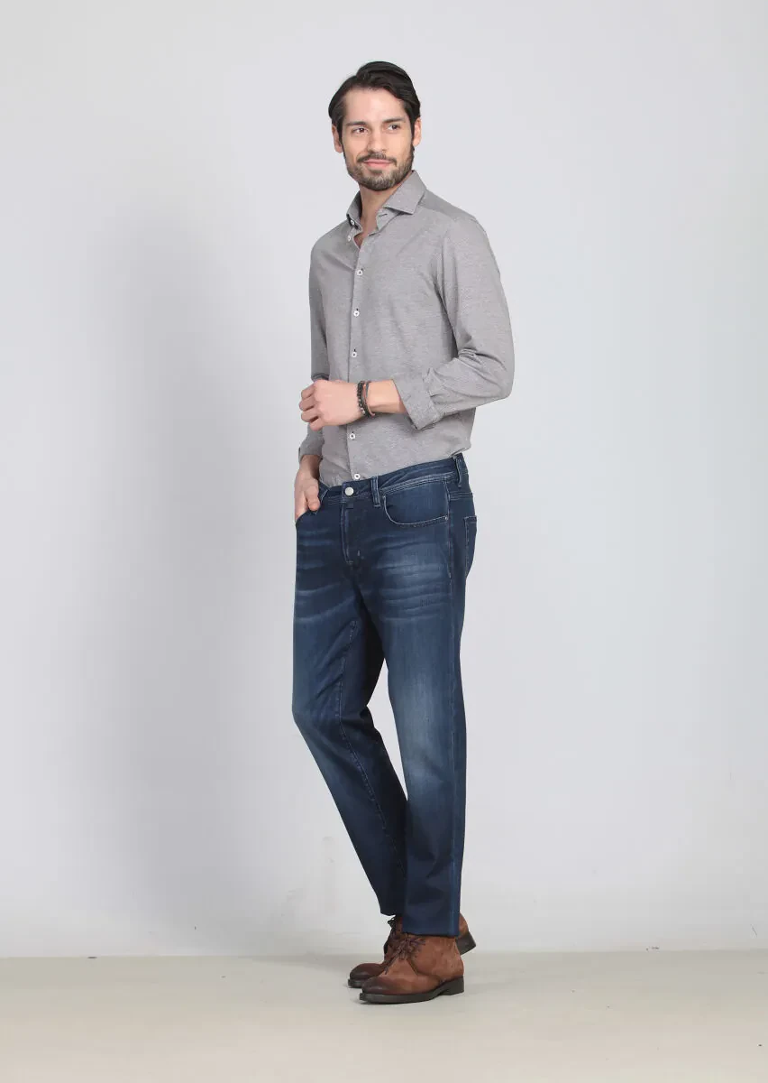 Mavi Düz Slim Fit Denim Pamuk Karışımlı Pantolon - 2
