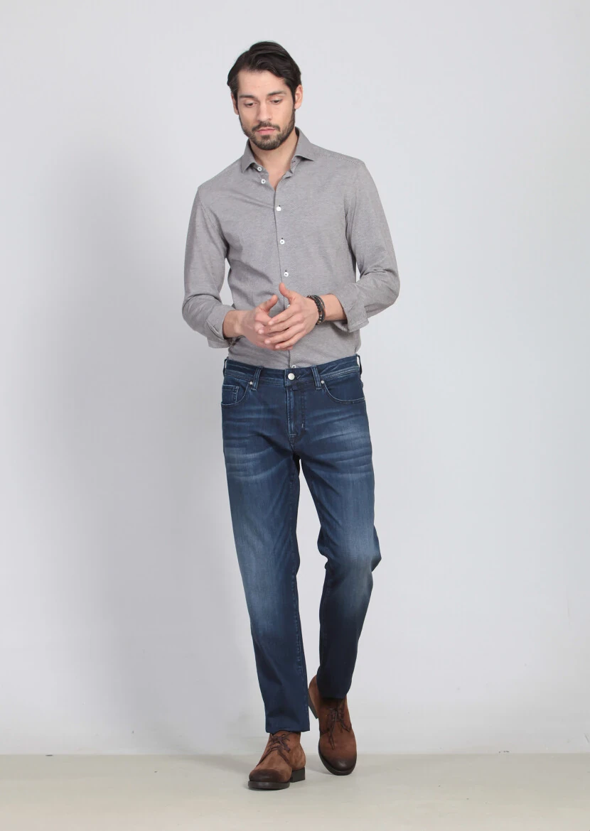 Mavi Düz Slim Fit Denim Pamuk Karışımlı Pantolon - 3
