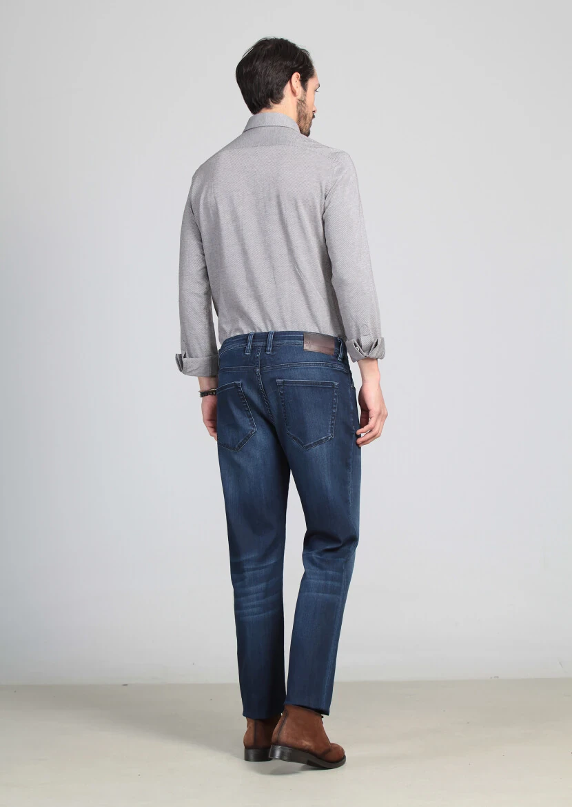 Mavi Düz Slim Fit Denim Pamuk Karışımlı Pantolon - 5