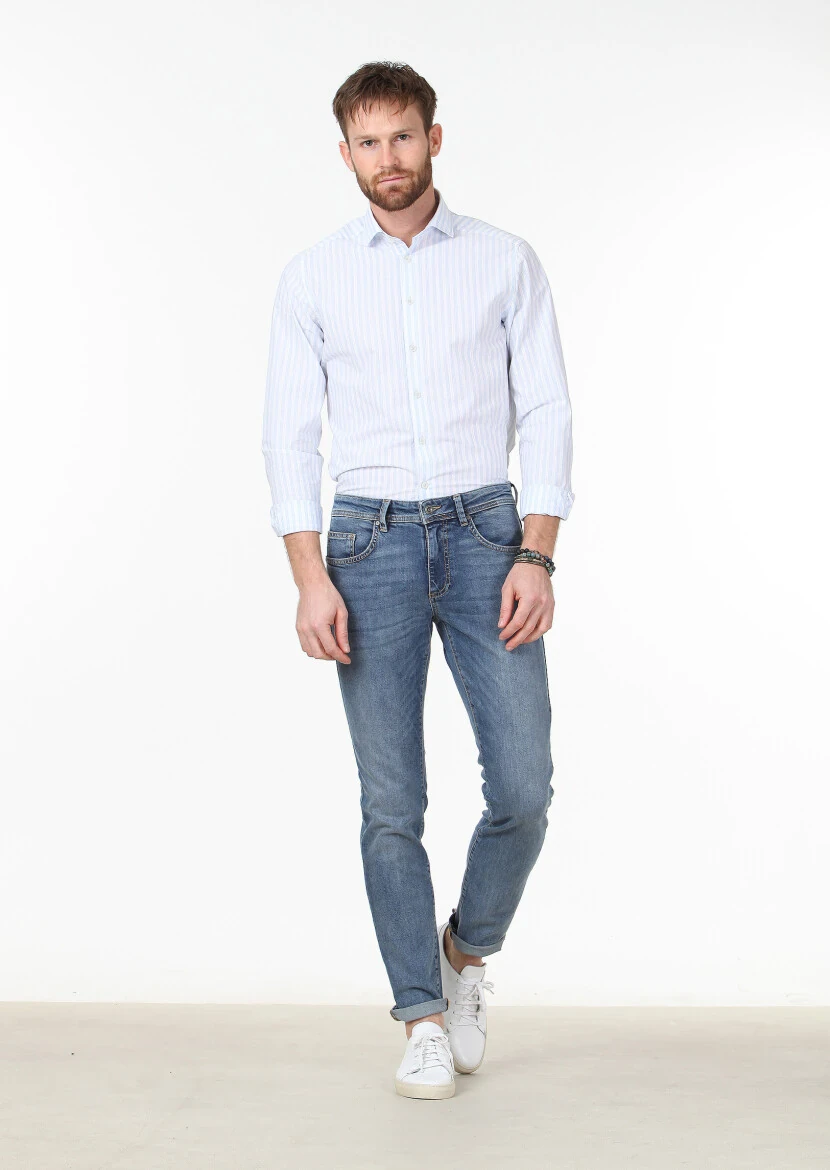 Mavi Düz Slim Fit Denim Pamuk Karışımlı Pantolon - 1