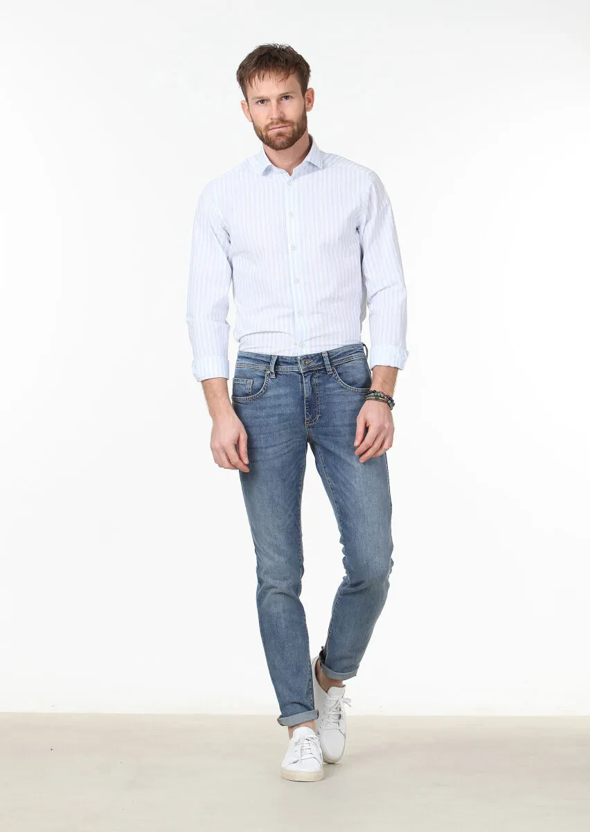 Mavi Düz Slim Fit Denim Pamuk Karışımlı Pantolon - 1