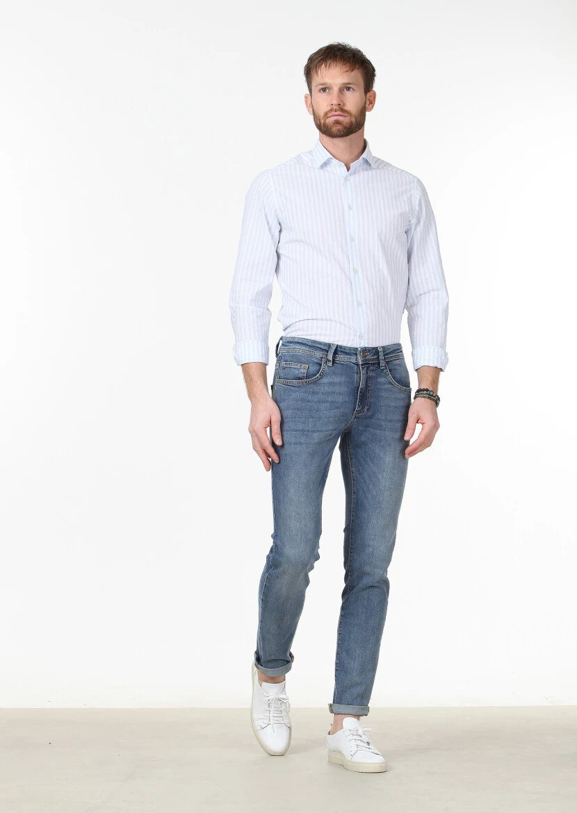 Mavi Düz Slim Fit Denim Pamuk Karışımlı Pantolon - 2