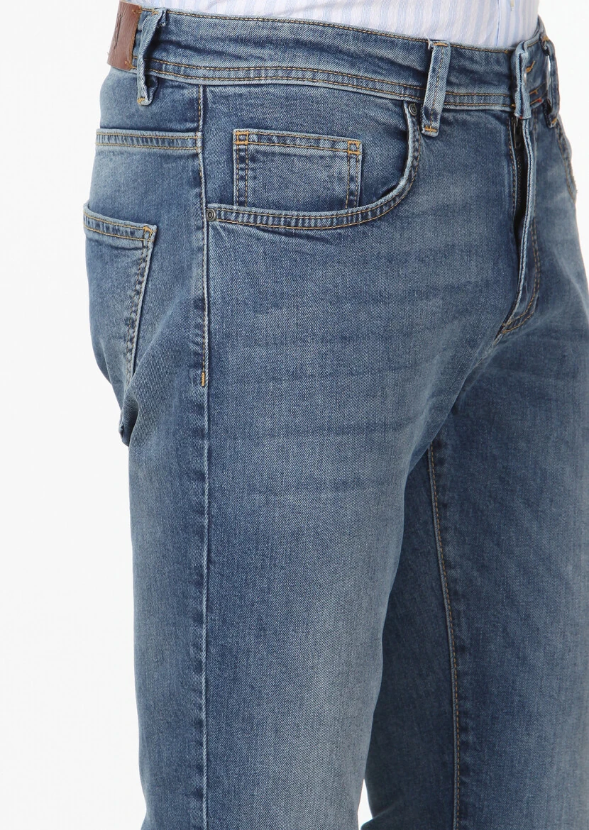 Mavi Düz Slim Fit Denim Pamuk Karışımlı Pantolon - 3
