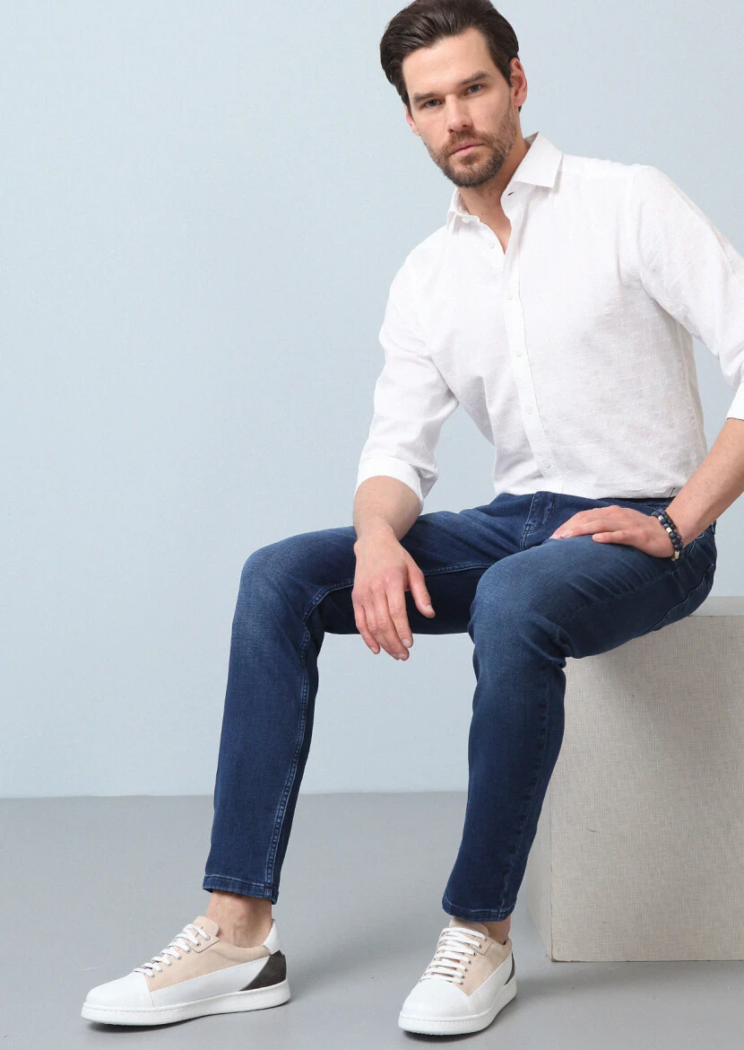 Mavi Düz Slim Fit Denim Pamuk Karışımlı Pantolon - 1