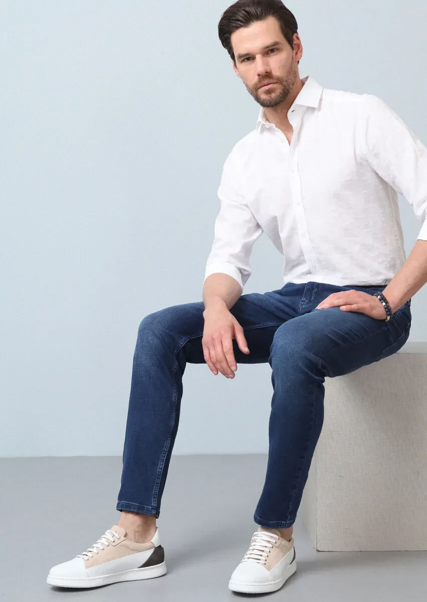 Mavi Düz Slim Fit Denim Pamuk Karışımlı Pantolon - 1