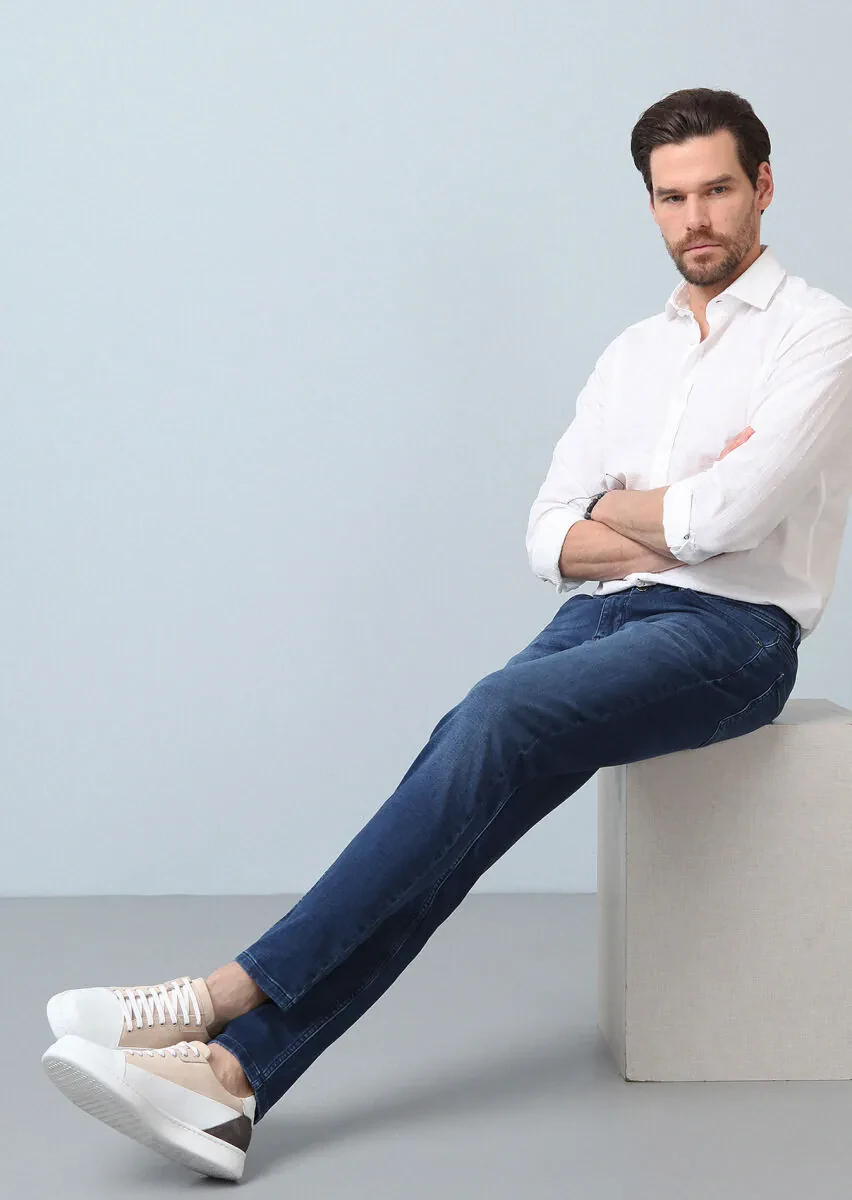 Mavi Düz Slim Fit Denim Pamuk Karışımlı Pantolon - 2