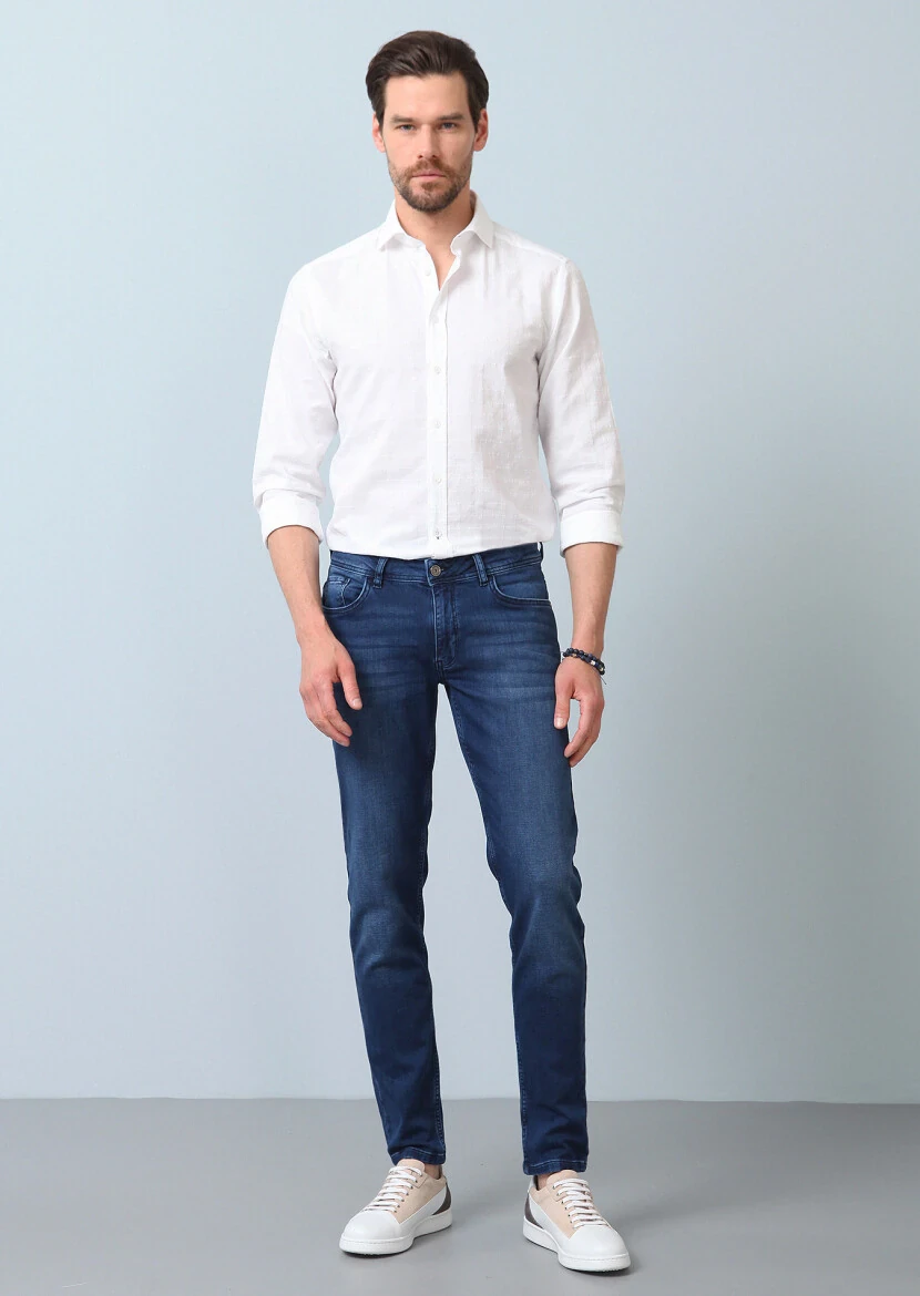 Mavi Düz Slim Fit Denim Pamuk Karışımlı Pantolon - 3