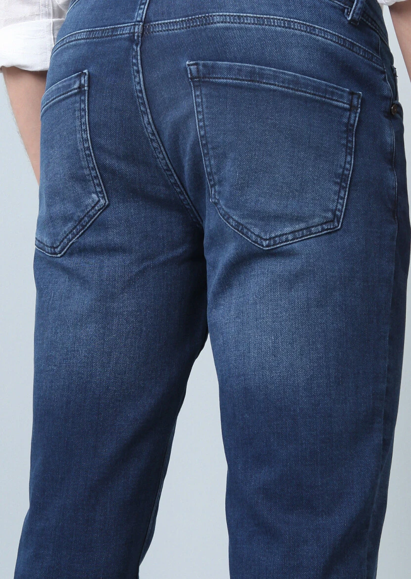 Mavi Düz Slim Fit Denim Pamuk Karışımlı Pantolon - 5