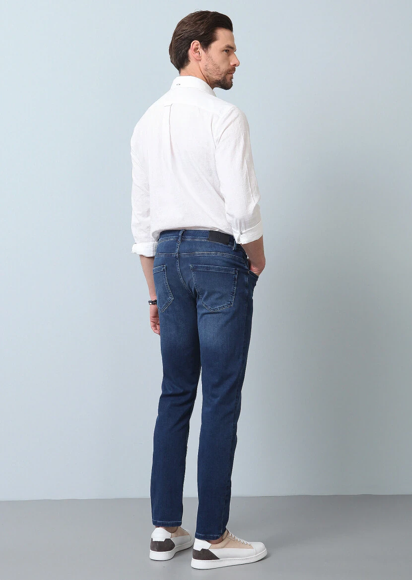 Mavi Düz Slim Fit Denim Pamuk Karışımlı Pantolon - 6
