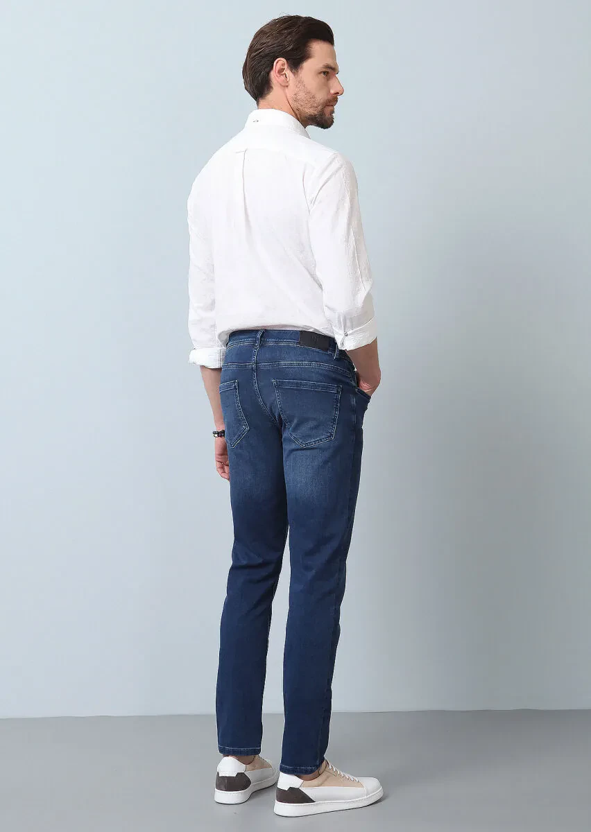 Mavi Düz Slim Fit Denim Pamuk Karışımlı Pantolon - 6