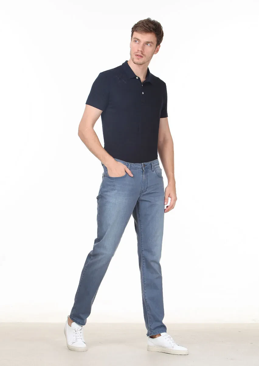 Mavi Düz Slim Fit Denim Pamuk Karışımlı Pantolon - 1