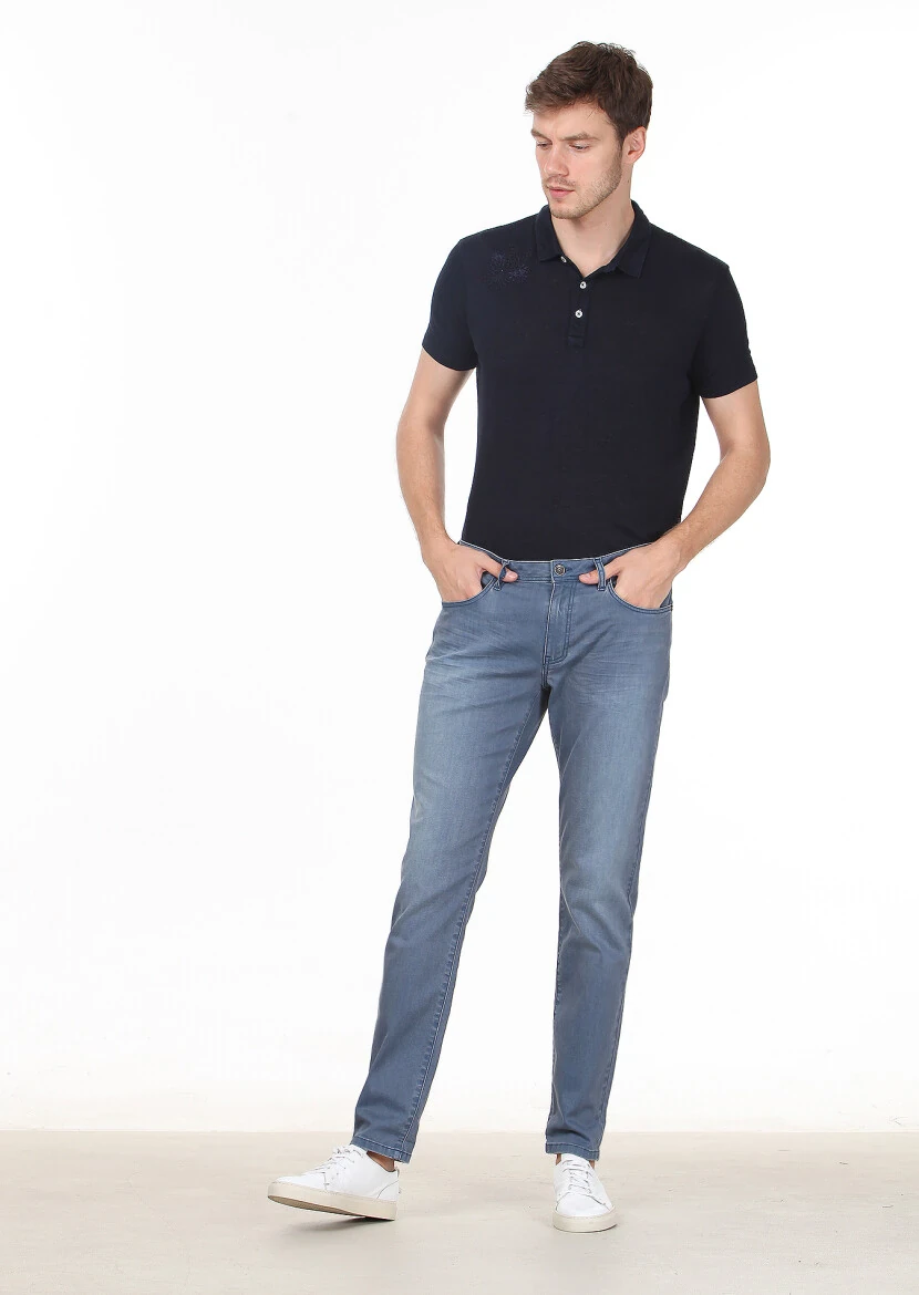 Mavi Düz Slim Fit Denim Pamuk Karışımlı Pantolon - 2