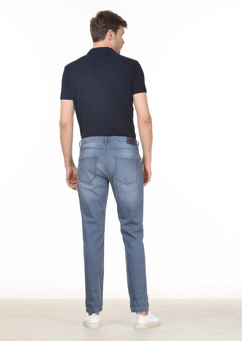 Mavi Düz Slim Fit Denim Pamuk Karışımlı Pantolon - 4