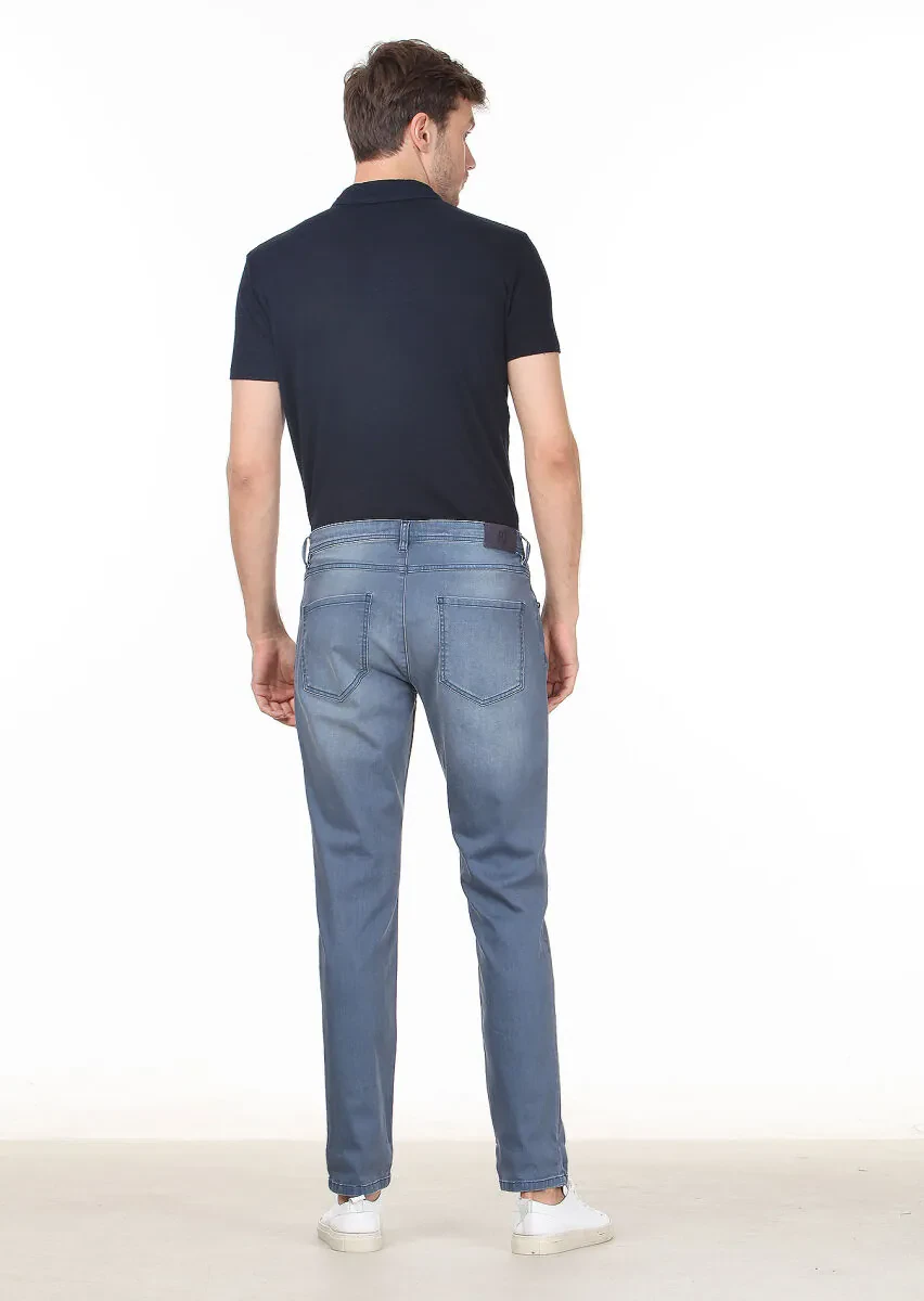 Mavi Düz Slim Fit Denim Pamuk Karışımlı Pantolon - 4