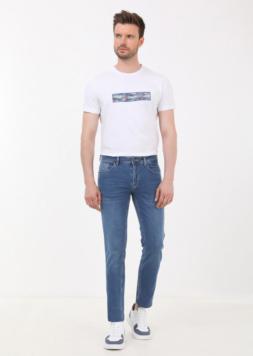 Mavi Düz Slim Fit Denim Pamuk Karışımlı Pantolon - 2