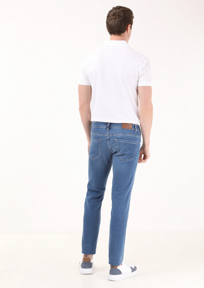 Mavi Düz Slim Fit Denim Pamuk Karışımlı Pantolon - 4