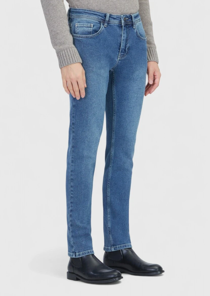 Mavi Düz Slim Fit Denim Pamuk Karışımlı Pantolon - 3
