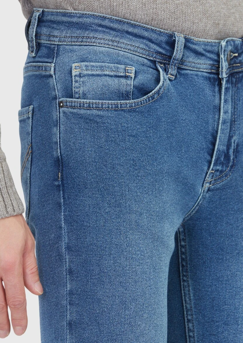 Mavi Düz Slim Fit Denim Pamuk Karışımlı Pantolon - 4