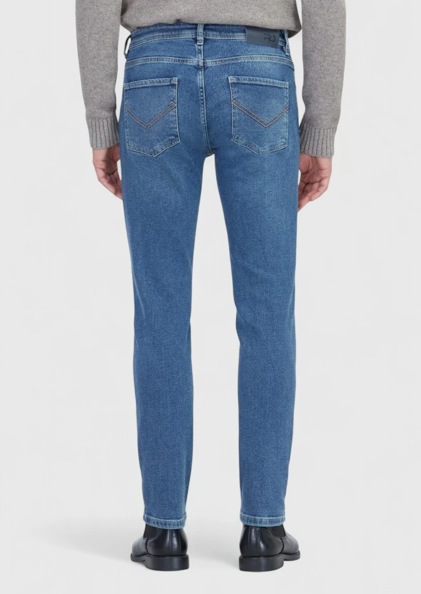 Mavi Düz Slim Fit Denim Pamuk Karışımlı Pantolon - 5