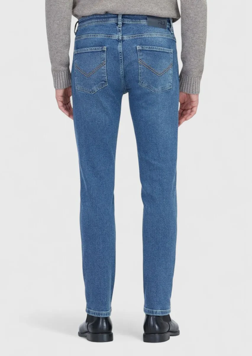 Mavi Düz Slim Fit Denim Pamuk Karışımlı Pantolon - 5