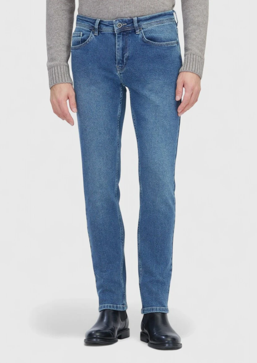 Mavi Düz Slim Fit Denim Pamuk Karışımlı Pantolon - RAMSEY