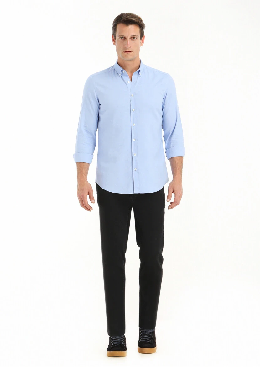 Mavi Düz Slim Fit Dokuma Casual %100 Pamuk Gömlek - 1