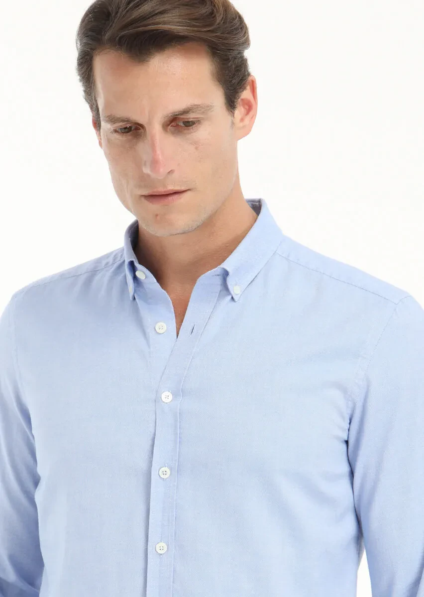 Mavi Düz Slim Fit Dokuma Casual %100 Pamuk Gömlek - 3
