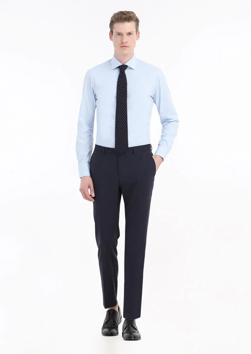 Mavi Düz Slim Fit Dokuma Klasik Pamuk Karışımlı Gömlek - 1