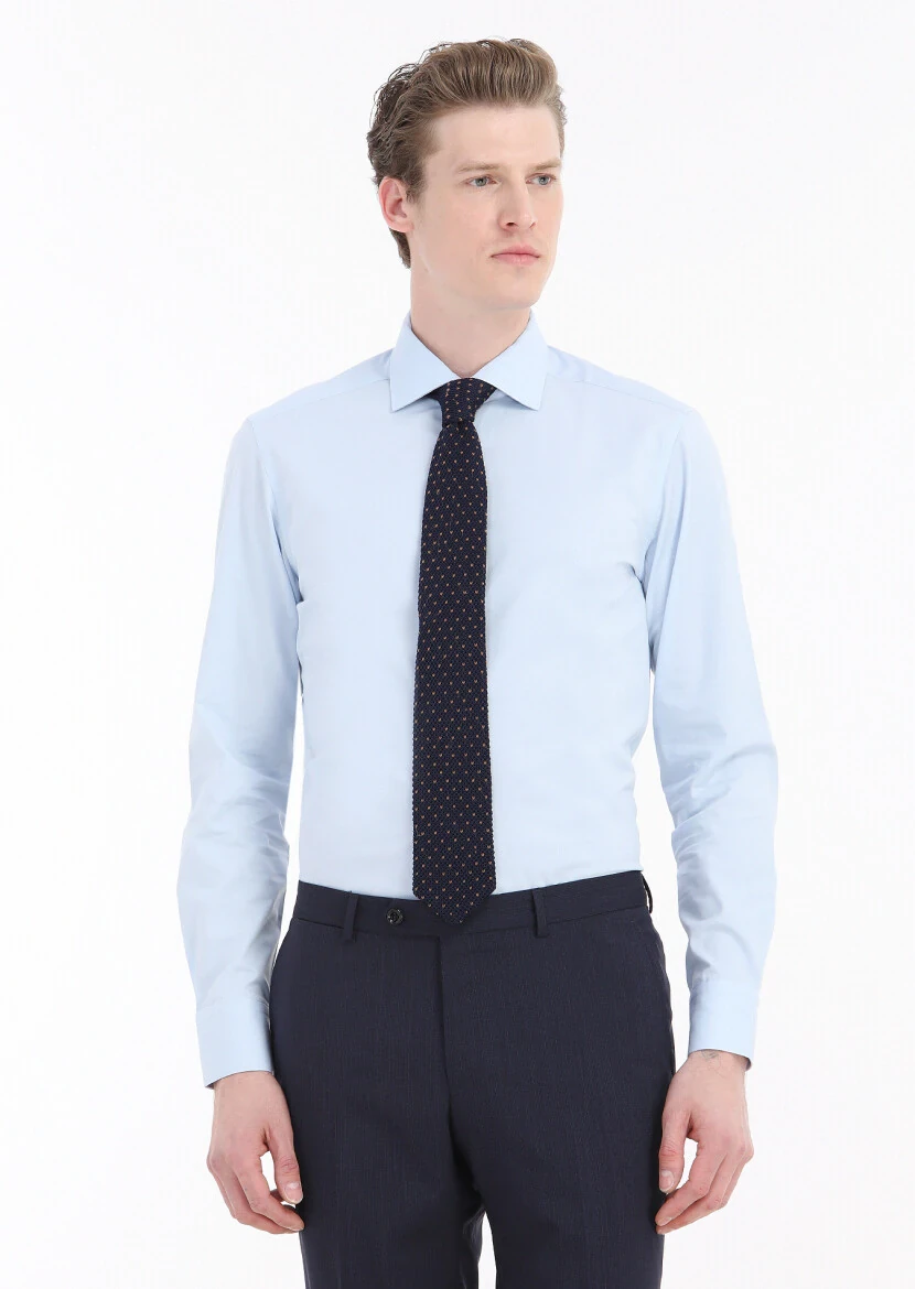 Mavi Düz Slim Fit Dokuma Klasik Pamuk Karışımlı Gömlek - RAMSEY