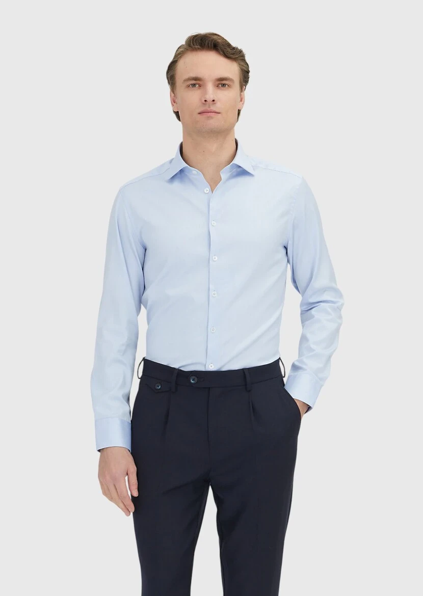Mavi Düz Slim Fit Ütü İstemeyen Dokuma Klasik %100 Pamuk Gömlek - 1