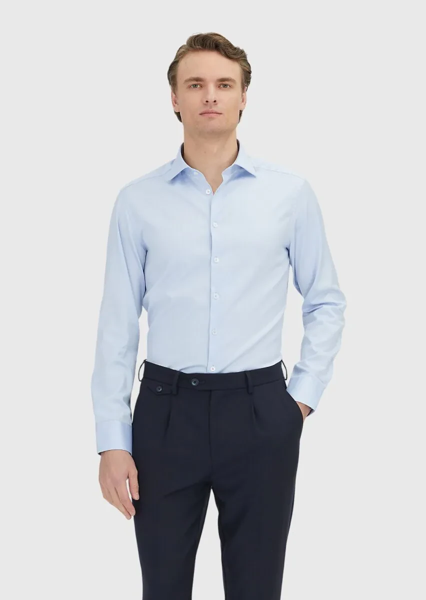 Mavi Düz Slim Fit Ütü İstemeyen Dokuma Klasik %100 Pamuk Gömlek - 1