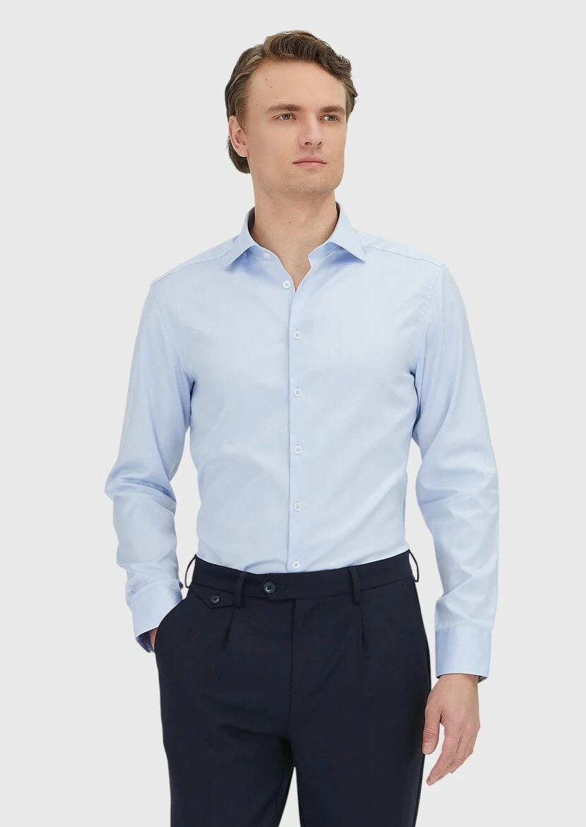 Mavi Düz Slim Fit Ütü İstemeyen Dokuma Klasik %100 Pamuk Gömlek - 2