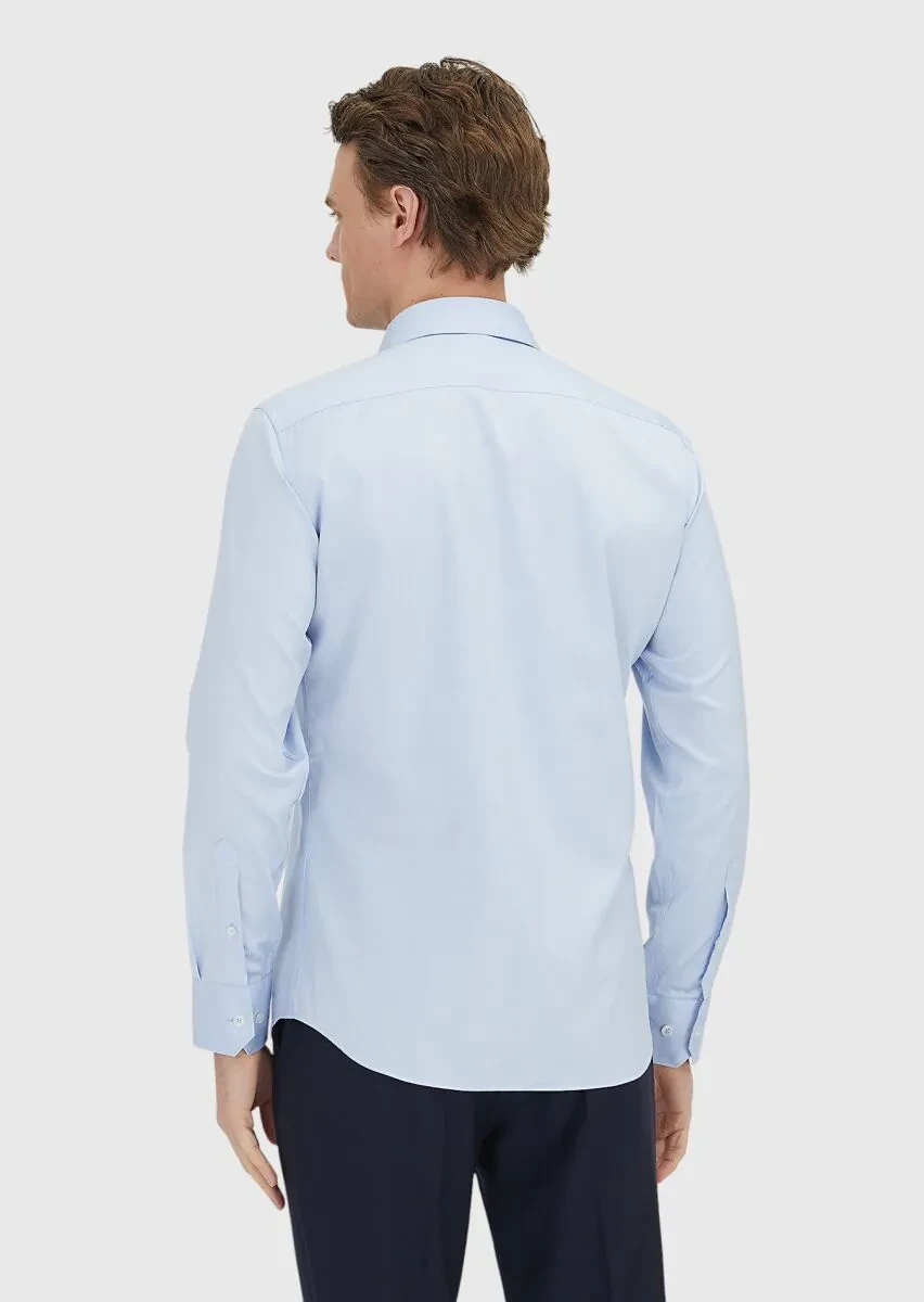 Mavi Düz Slim Fit Ütü İstemeyen Dokuma Klasik %100 Pamuk Gömlek - 5