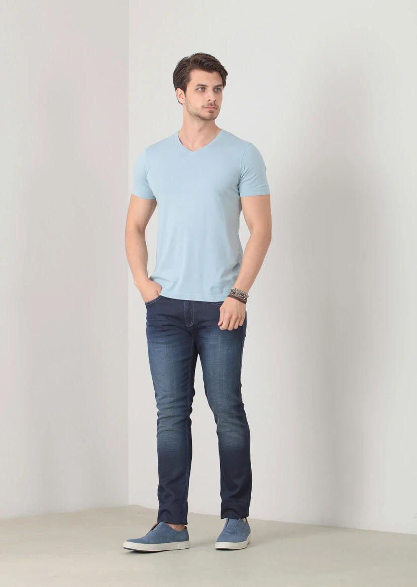 Mavi Düz V Yaka %100 Pamuk T-Shirt - 2