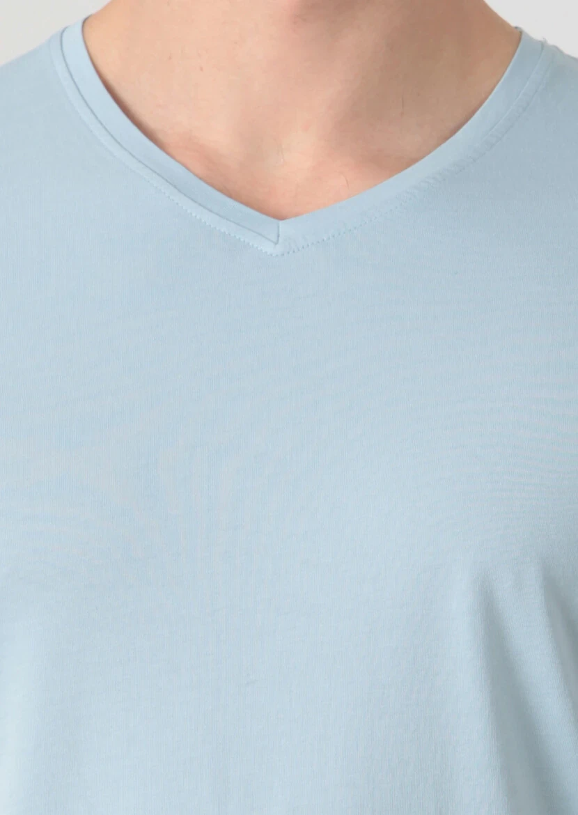 Mavi Düz V Yaka %100 Pamuk T-Shirt - 3