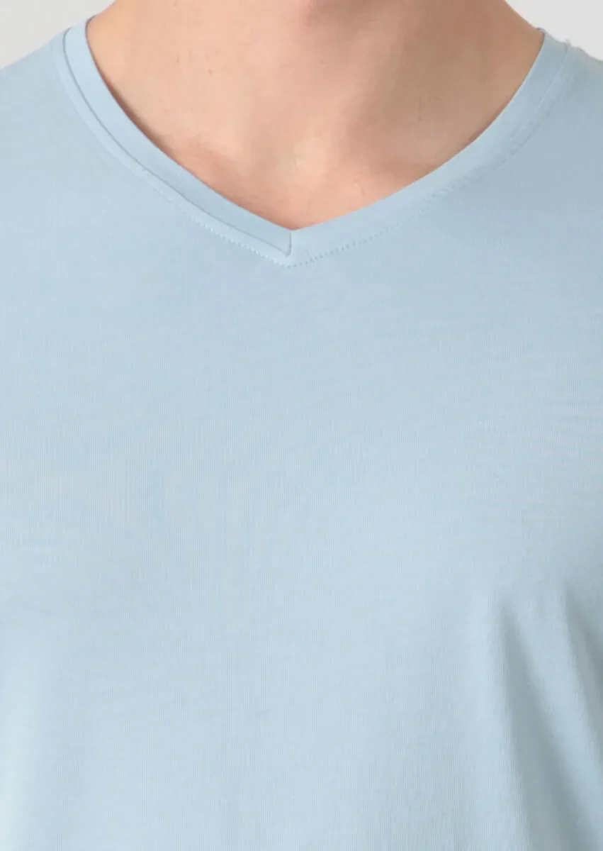 Mavi Düz V Yaka %100 Pamuk T-Shirt - 3